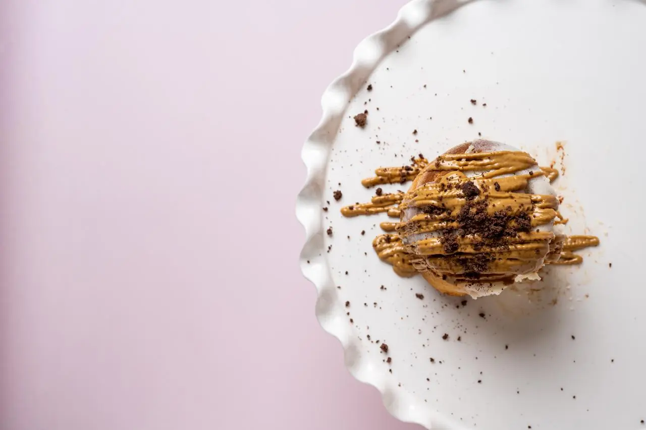 Caramel drizzled pastry with chocolate crumb